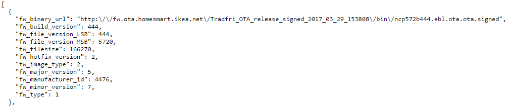 Firmware entry in the "version_info.json". You can see the binary URL, build version and file size among other values.